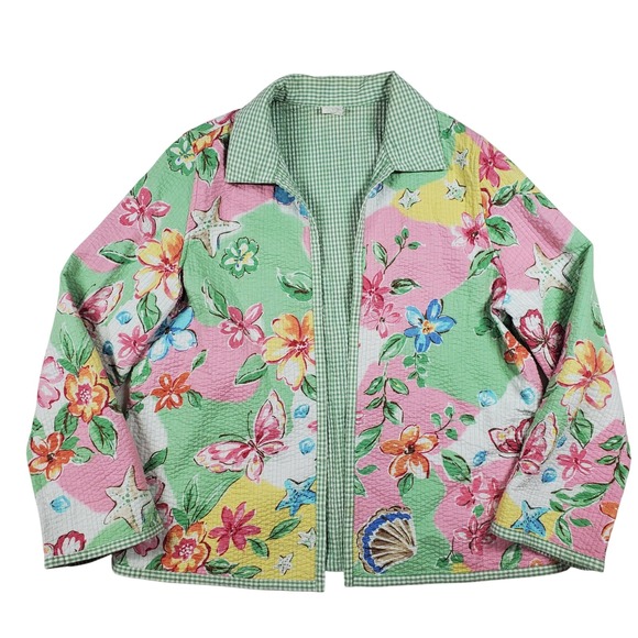 Quilted Gingham Jacket Womens 14 XL Green Cottagecore Coastal Butterfly Grandma - Picture 1 of 9